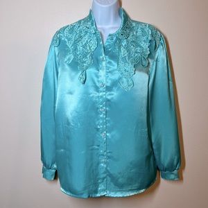 Vintage Satin Blouse with gorgeously detailed yoke—Mint Green